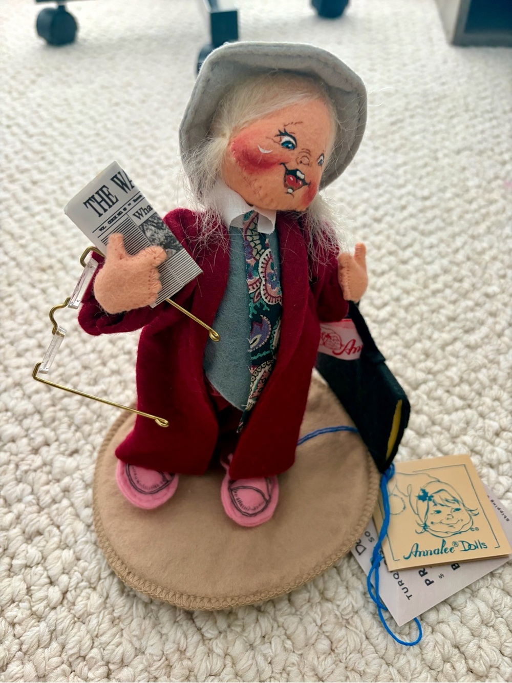 Annalee Doll Red Coat Pink Shoes Green Tie Newspaper Accessory